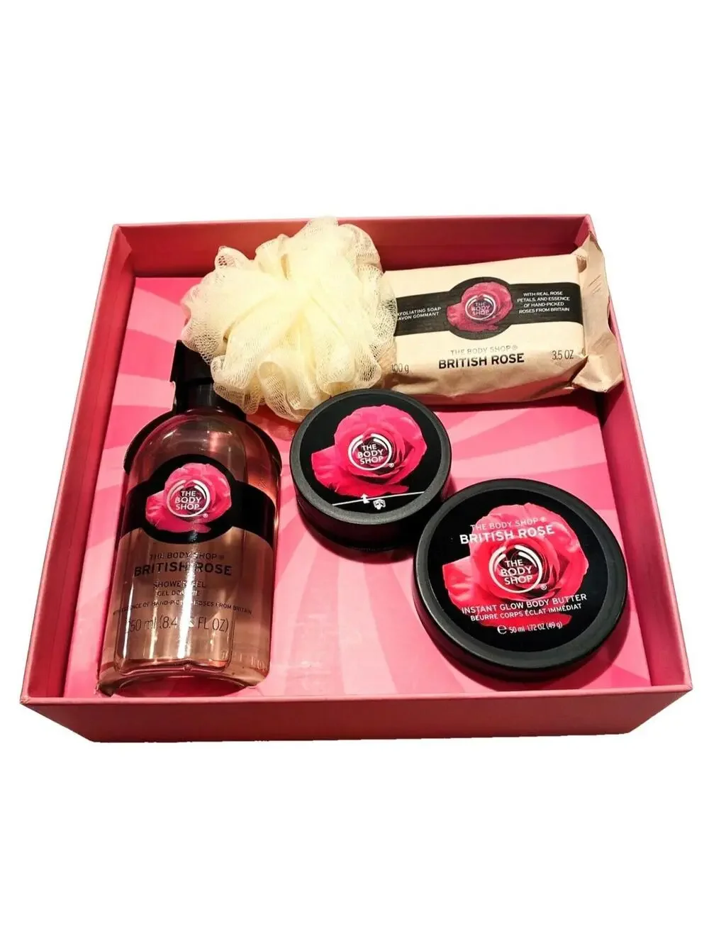 British Rose The Body Shop Gift Set Box Brand NEW Pink Body Wash Loofah Cream
